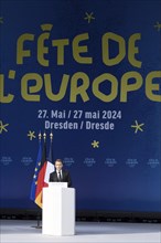 Emmanuel Macron (President of the French Republic) speaks at the Fete de l'Europe on the Neumarkt