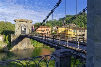The historic Ponte delle Catene bridge over the River Lima in Bagni di Lucca in the district of
