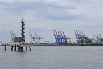View over Hamburg harbour with cranes, Panorama, Hanseatic City of Hamburg, Hamburg, Germany,