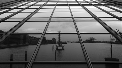 Building in Hamburg harbour, reflection, black and white, Hanseatic City of Hamburg, Hamburg,