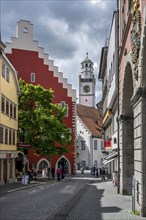 View over the Marktstrasse in the historic old town of Ravensburg with the Blaserturm, on the left