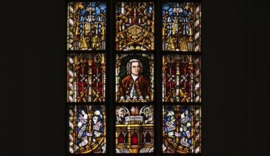 Portrait of Johann Sebastian Bach, stained glass window, St Thomas' Church, Leipzig, Saxony,