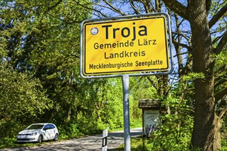 Town sign Troja Mueritz, Laerz, Mecklenburg-Vorpommern, Germany, Europe