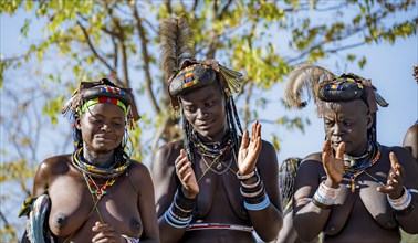 Hakaona woman with traditional kapapo hairstyle, clapping and laughing, Angolan tribe of the