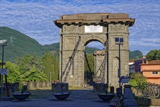 The historic Ponte delle Catene bridge over the River Lima in Bagni di Lucca in the district of