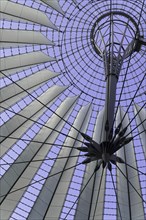 Dome, Sony Centre, Mitte, Berlin, Germany, Europe, Modern metal roof construction on a purple