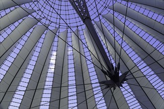 Dome, Sony Centre, Mitte, Berlin, Germany, Europe, Modern metal construction of a roof on a purple