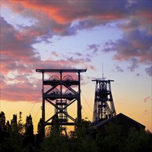 Gneisenau district park with the two winding frames at atmospheric dawn, Dortmund, Ruhr area, North