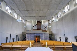 Organ loft, modern church, St Ulrich, Kempten, Allgaeu, Swabia, Bavaria, Germany, Europe