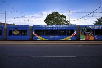 Tram, whole-car advertising for the EURO 2024, European Football Championship, Leipzig, logo,