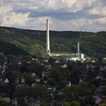 Sunlit Cuno power station with 248 metre high chimney, Herdecke, North Rhine-Westphalia, Germany,