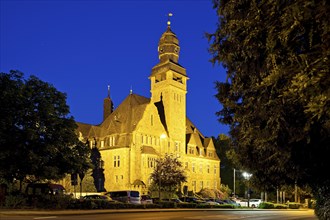 Illuminated town hall in the evening, Wetter (Ruhr), Ruhr area, North Rhine-Westphalia, Germany,