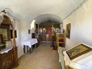 Interior of small modern Greek Orthodox church Chapel of Agia Ekaterini on the site of the ruins of
