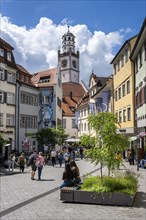 Gespinstmarkt, pedestrian zone with the Blaserturm in the historic old town of Ravensburg,