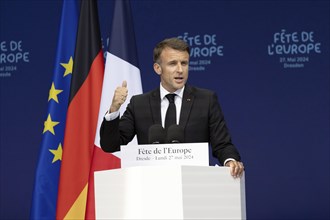 Emmanuel Macron (President of the French Republic) speaks at the Fete de l'Europe on the Neumarkt