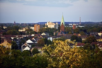 View from the Pluto spoil tip to Wanne-Eickel with the church tower of St Laurentius, Herne, Ruhr