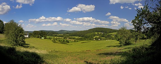 Hilly landscape with blue sky and clouds, Wetter (Ruhr), Ruhr area, North Rhine-Westphalia,