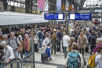 Train, ICE, passengers, platform, station concourse, main station, Hamburg, Germany, Europe