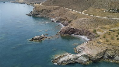 Aerial view from elevated position on small hidden beach Loutra Beach on south coast of Crete on