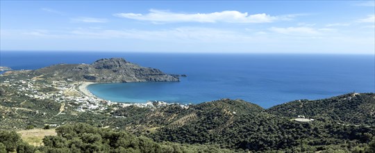 Panoramic photo from elevated position on landscape at south coast of island Crete over in