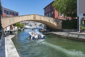 Townscape with the Pont principal du port grimaud, Port Grimaud, Var, Provence-Alpes-Cote d Azur,