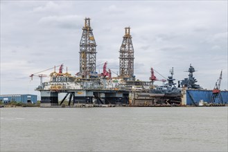 ENSCO 8506 offshore oil drilling platform rig in the Port of Galveston, Texas, United States of