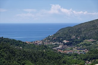 The small town of Levanto in the valley between wooded slopes on the Ligurian coast, Liguria,