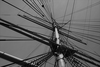 Old sailing ship in the Hamburg Harbour Museum, black and white, Hanseatic City of Hamburg,