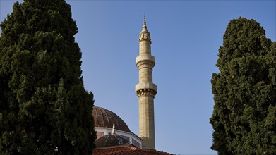Suleiman Mosque, minaret and dome of a mosque, surrounded by tall trees in a quiet neighbourhood,