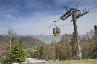 Cable car, snow, spring, coniferous forest, Belchen, Black Forest, Baden-Wuerttemberg, Germany,