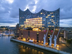 Aerial view of the Elbe Philharmonic Hall during the blue hour, Hamburg, Germany, Europe