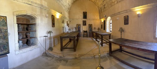 Historic dining room in UNESCO World Heritage Site Moni Arkadi Orthodox Monastery Arkadi Monastery