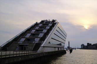 Building in Hamburg harbour, sunset, Hanseatic City of Hamburg, Hamburg, Germany, Europe