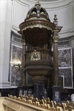 Interior view of Berlin Cathedral, Berlin, Germany, Europe, Richly decorated wooden pulpit in a