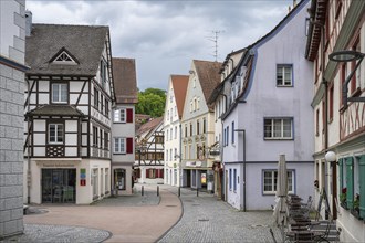 Pedestrian zone with half-timbered buildings in the historic old town of Bad forest lake, Upper