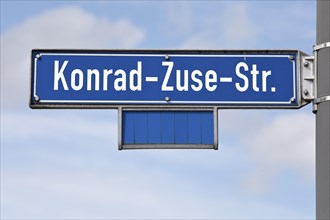 Street sign Konrad-Zuse-Strasse, Phoenix-West, Hoerde, Dortmund, Ruhr area, North Rhine-Westphalia,