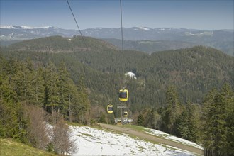 Cable car, snow, spring, coniferous forest, Belchen, Black Forest, Baden-Wuerttemberg, Germany,