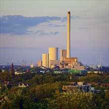View from the Pluto slag heap of the Herne thermal power station with its 300 metre high chimney,