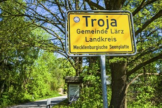 Town sign Troja Mueritz, Laerz, Mecklenburg-Vorpommern, Germany, Europe