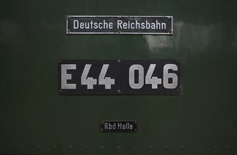 Type plate of the class E44 electric locomotive, Deutsche Reichsbahn DR, museum track 24 with