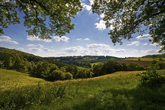 Hilly cultural landscape with blue sky and clouds, Wetter (Ruhr), Ruhr area, North