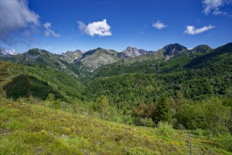 Mountain panorama from Passo Croce in the Garfagnana mountain landscape to the peaks of the Apuan