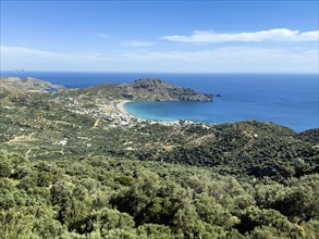 View from elevated position on landscape at south coast of island Crete over in the foreground many