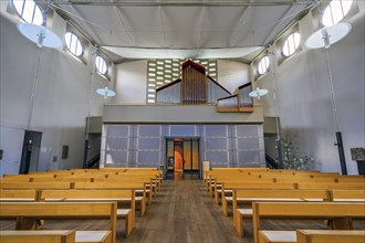 Organ loft, modern church, St Ulrich, Kempten, Allgaeu, Swabia, Bavaria, Germany, Europe
