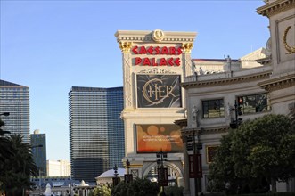 Las Vegas, Nevada, USA, North America, Caesars Palace building with big sign, skyscrapers in the