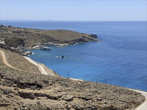 View from elevated position on small bay with harbour of Sfakia on south coast of island Crete at