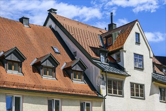 Tiled roof with pointed gable and dormer windows, Kempten, Allgaeu, Bavaria, Germany, Europe