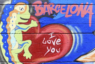 Barcelona, Catalonia, Spain, Europe, Graffiti with a red heart and the inscription 'I love you',