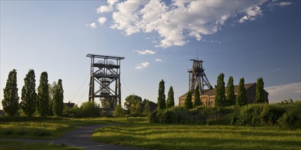 Gneisenau district park with the two pithead frames of the disused colliery, Dortmund, Ruhr area,