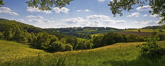 Hilly cultural landscape with blue sky and clouds, Wetter (Ruhr), Ruhr area, North